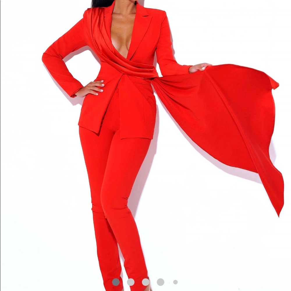 Red Draping Pant Suit